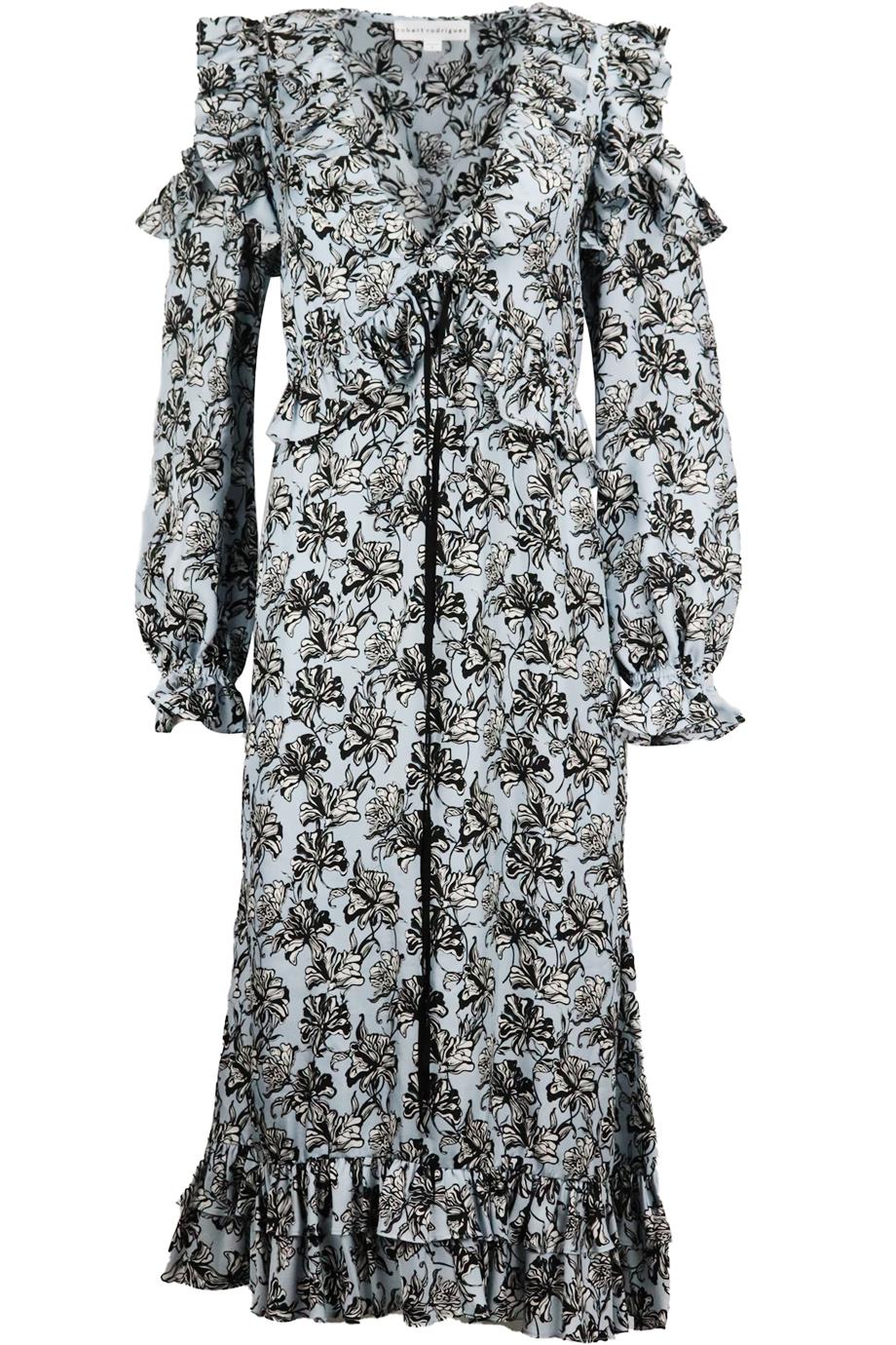 ROBERT RODRIGUEZ COLD SHOULDER RUFFLED FLORAL PRINT SILK MIDI DRESS US 8 UK 12