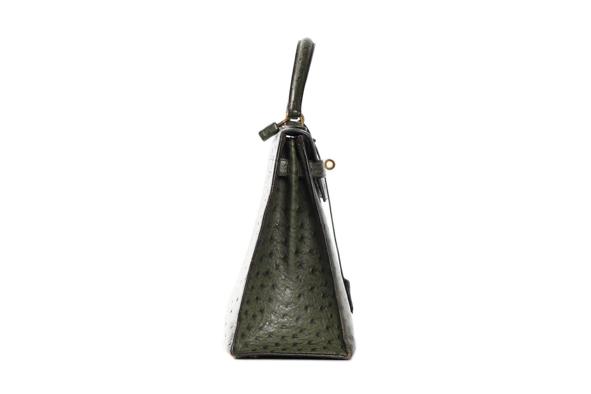 HERMÈS GREEN 1981 KELLY 32CM OSTRICH BAG IN VERT OLIVE