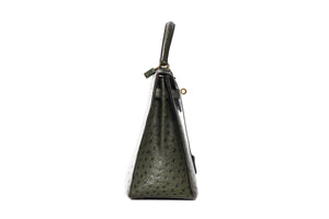 HERMÈS GREEN 1981 KELLY 32CM OSTRICH BAG IN VERT OLIVE