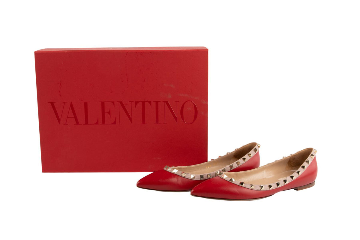 VALENTINO RED ROCKSTUD LEATHER BALLET FLATS EU 37