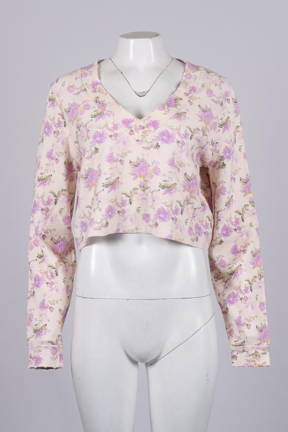 LOVESHACKFANCY CROPPED FLORAL PRINT COTTON SWEATSHIRT SMALL