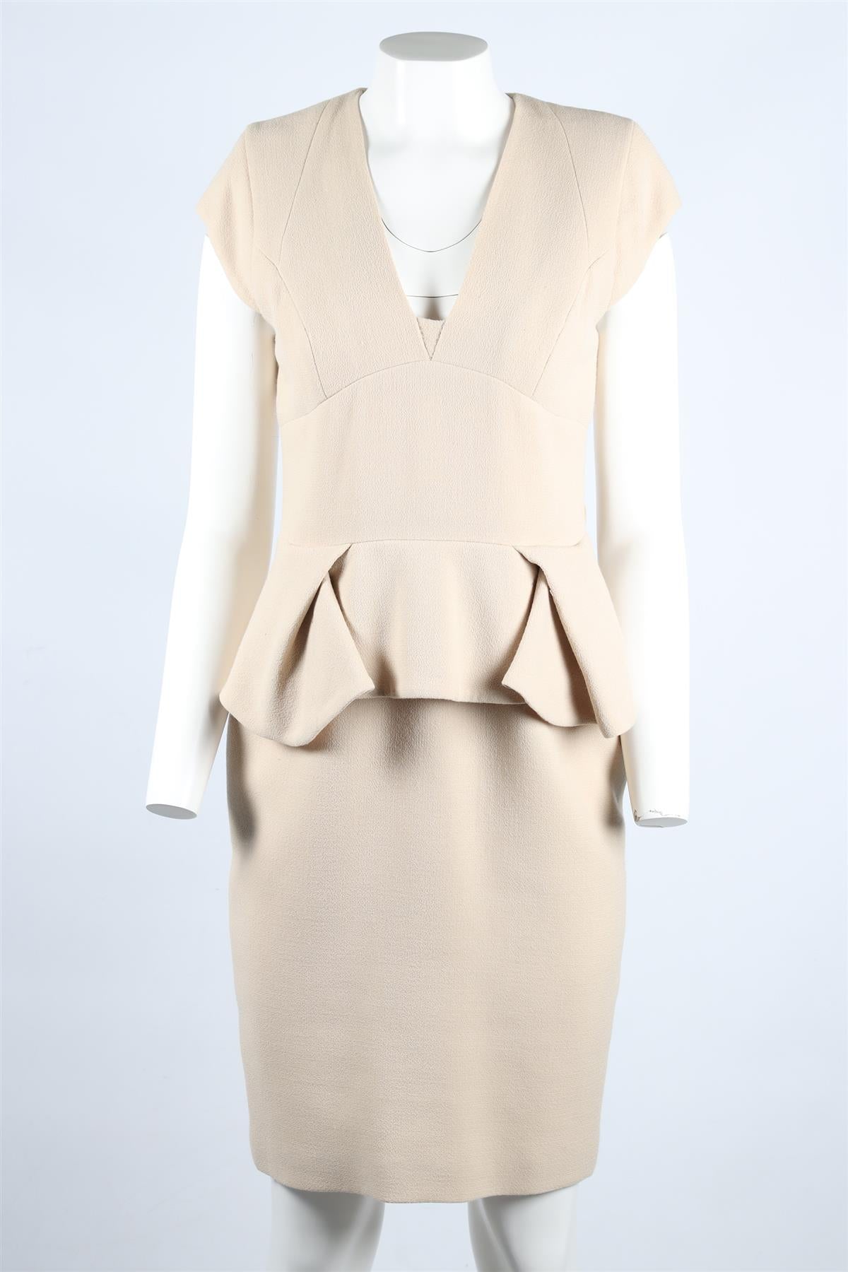 ELIE SAAB BEIGE SILK AND WOOL BLEND MIDI DRESS FR 40 UK 12