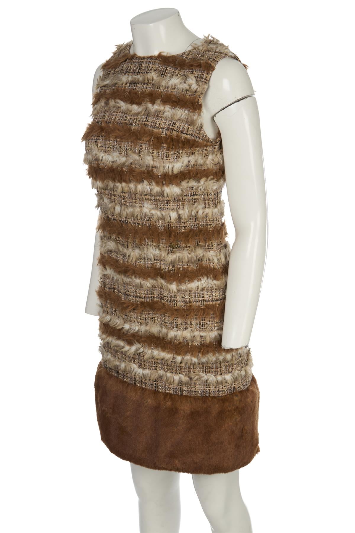 CHANEL BROWN 2010 FAUX FUR AND TWEED MINI DRESS FR 38 UK 10