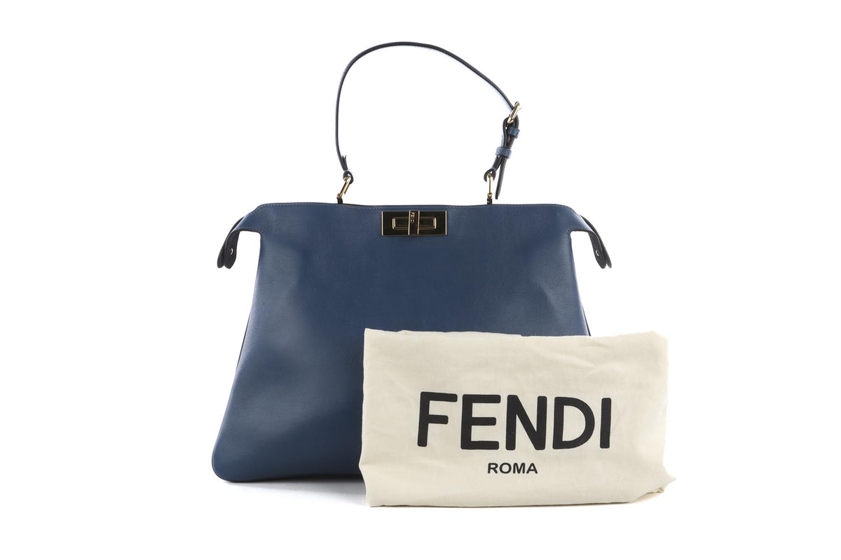 FENDI BLUE PEEKABOO SOFT LARGE LEATHER TOTE BAG
