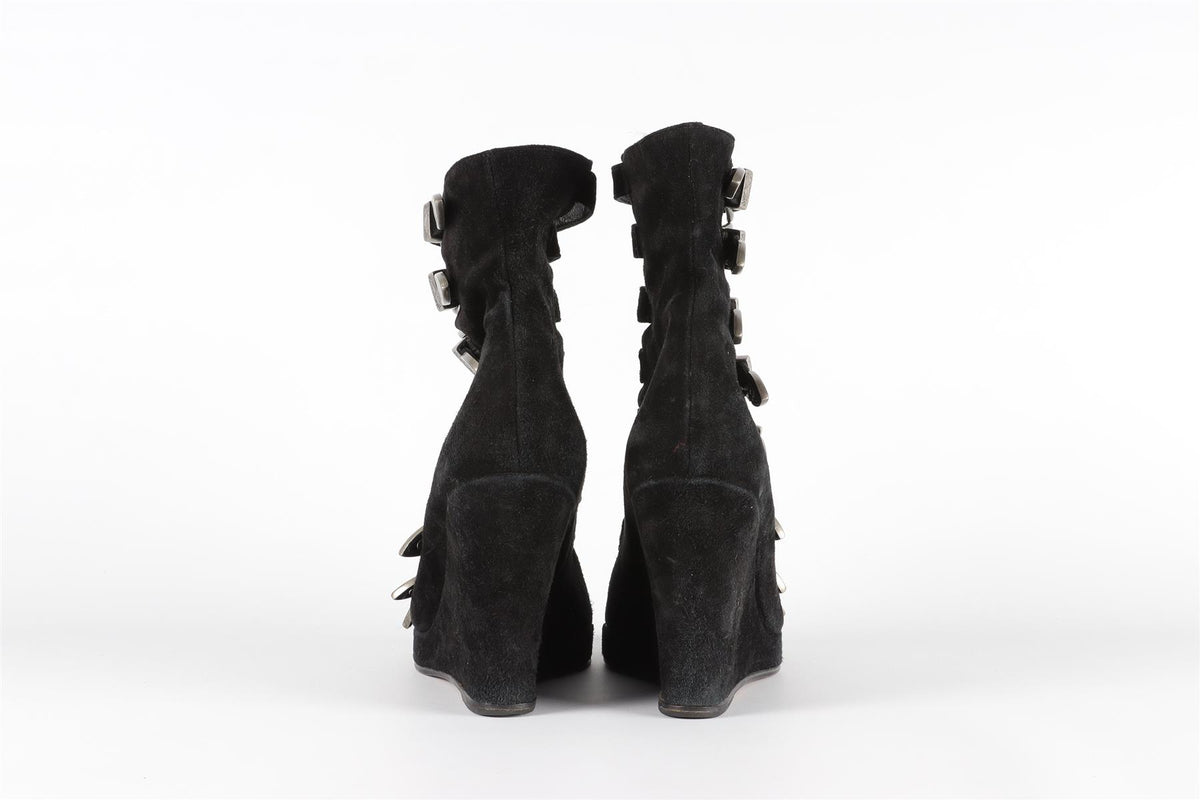 OPENING CEREMONY + CHLOE SEVIGNY BLACK SUEDE WEDGE SANDALS EU 38 UK 5 US 8