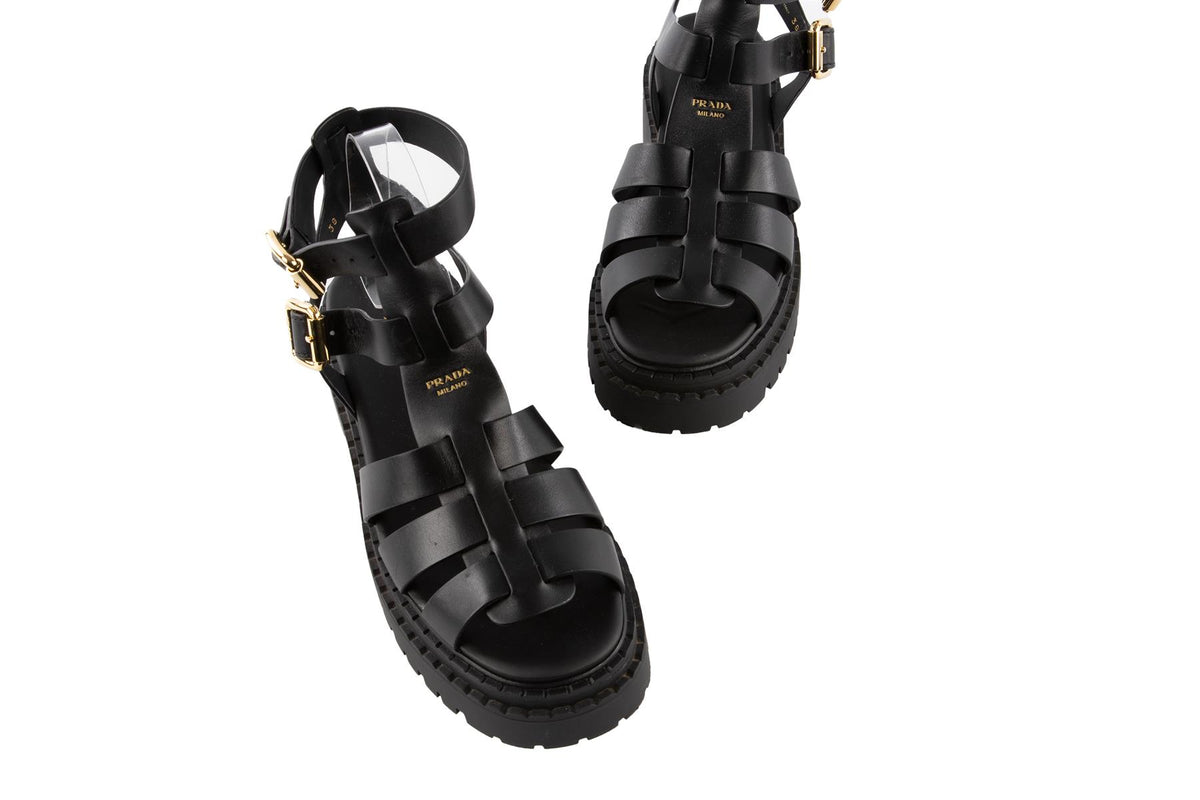 PRADA BLACK LEATHER PLATFORM SANDALS EU 38 UK 5 US 8