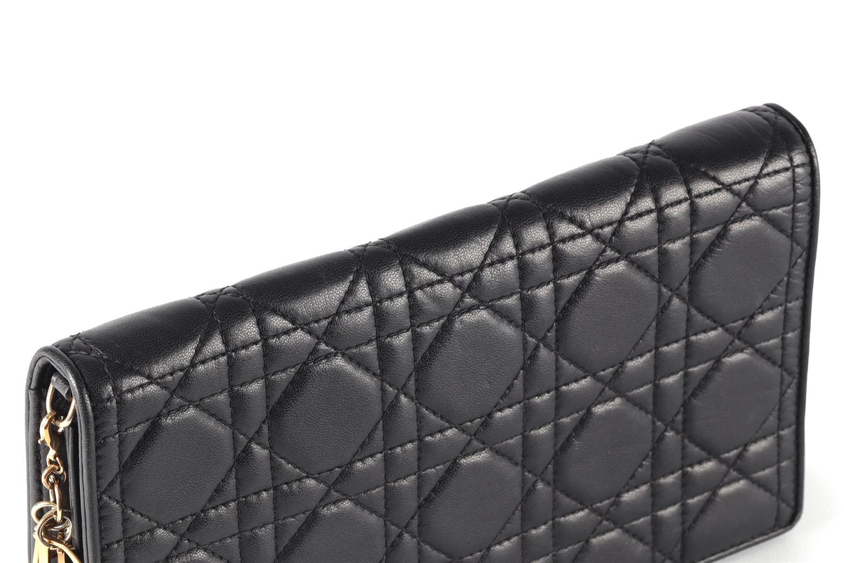 CHRISTIAN DIOR BLACK LADY DIOR WALLET ON CHAIN CANNAGE LEATHER SHOULDER BAG