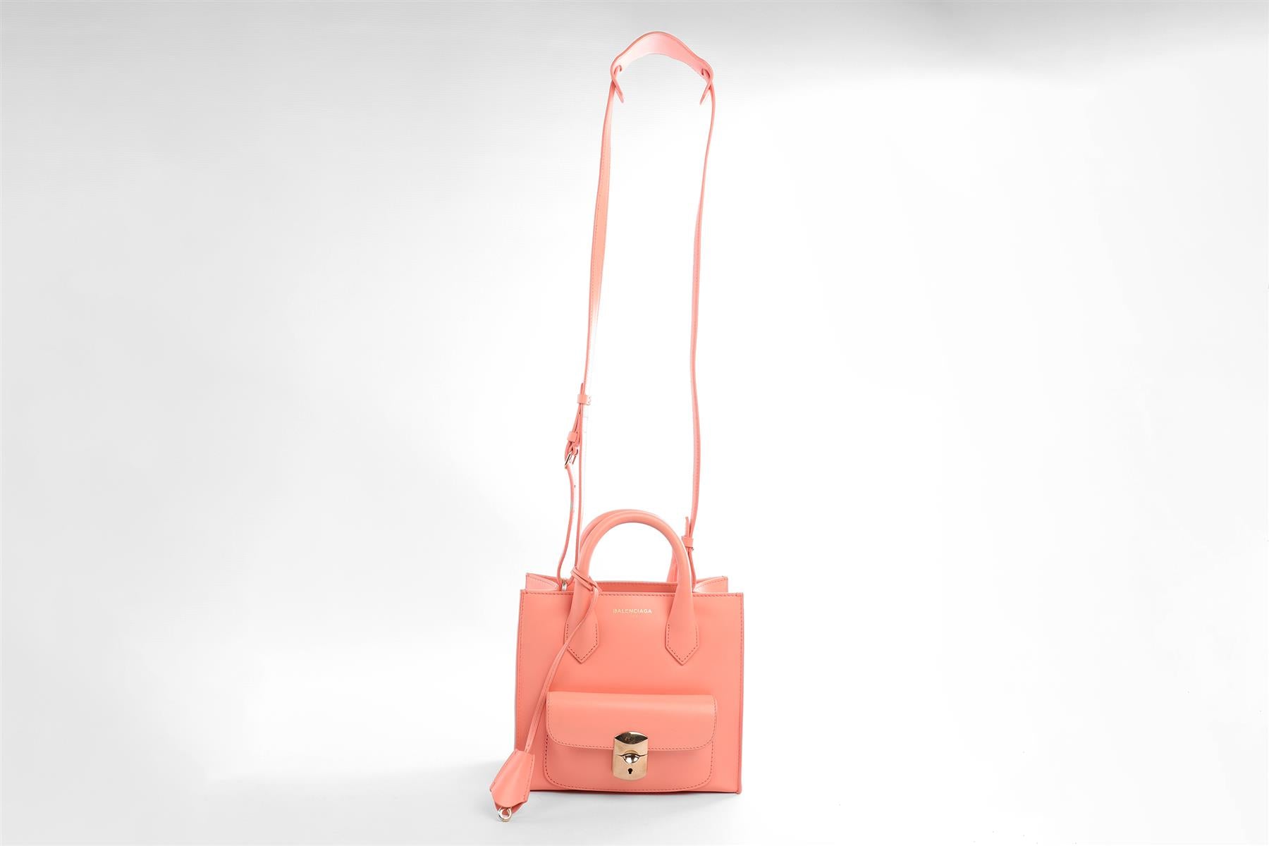 BALENCIAGA PINK PADLOCK ALL AFTERNOON MINI LEATHER TOTE BAG