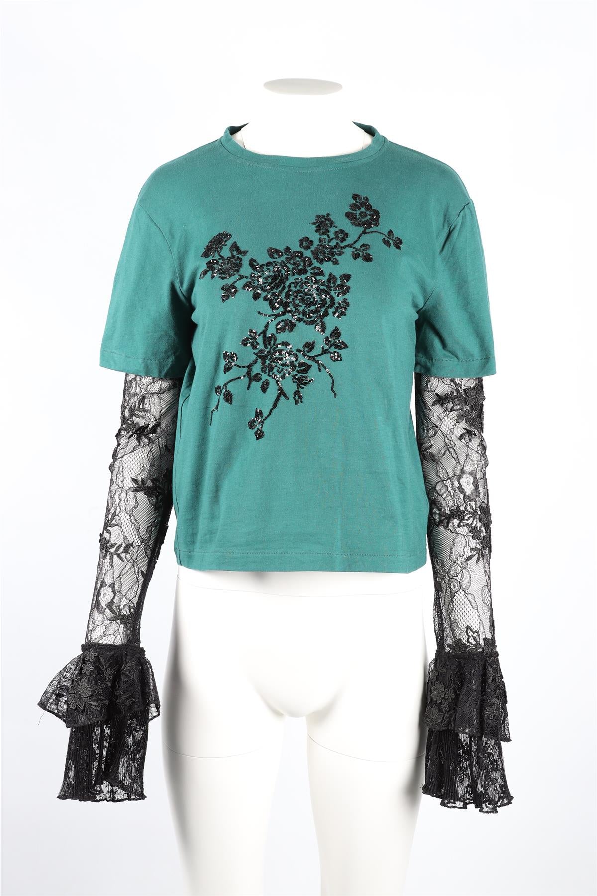 GIUSEPPE DI MORABITO GREEN AND BLACK LACE AND COTTON TOP IT 42 UK 10