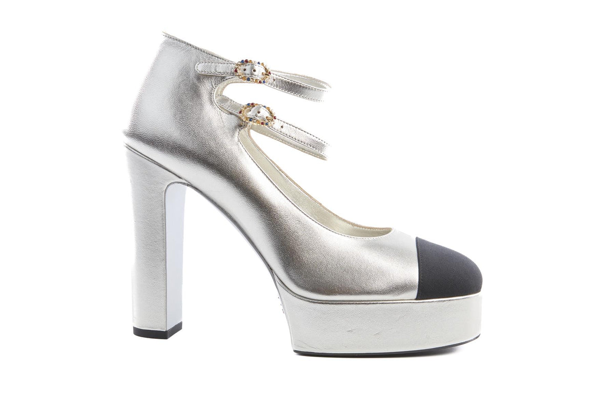 CHANEL SILVER 2025 LEATHER PLATFORM PUMPS EU 40.5 UK 7.5 US 10.5