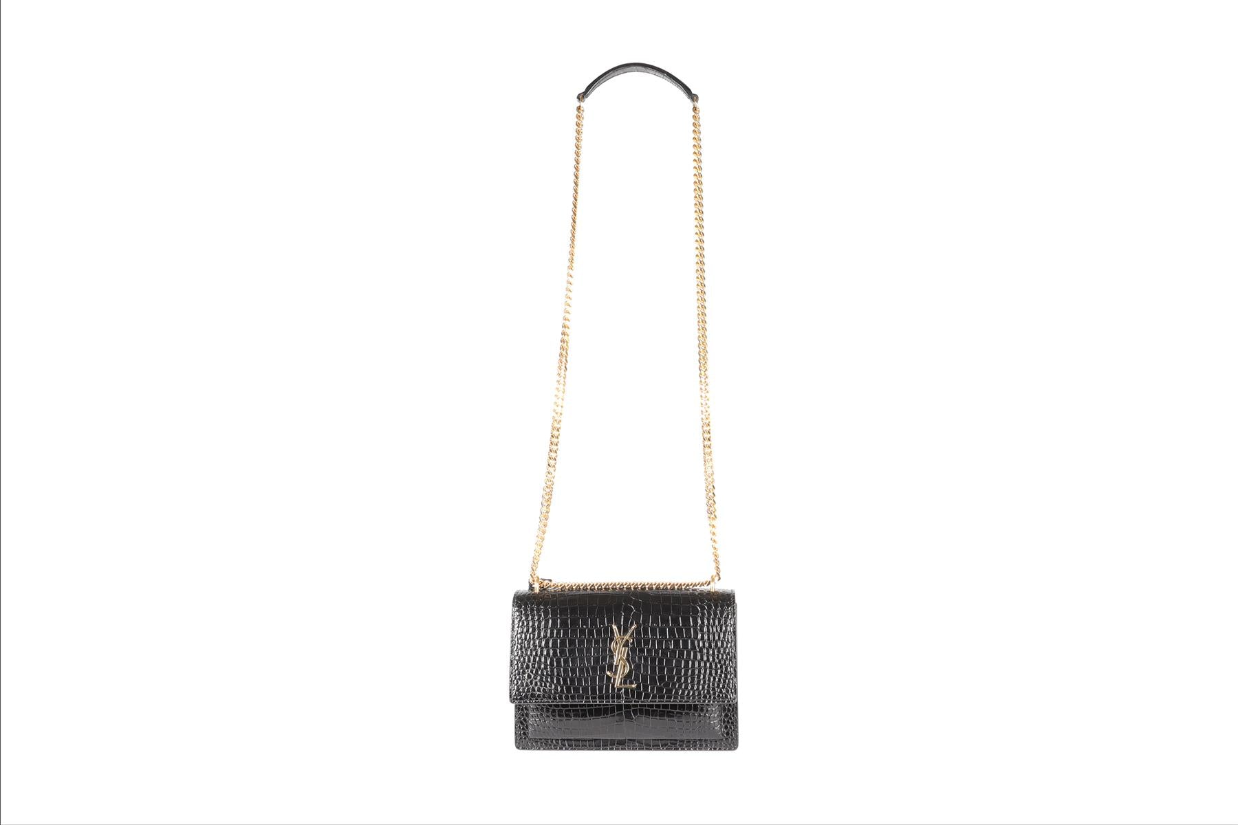 SAINT LAURENT BLACK SUNSET MEDIUM CROC EFFECT LEATHER SHOULDER BAG