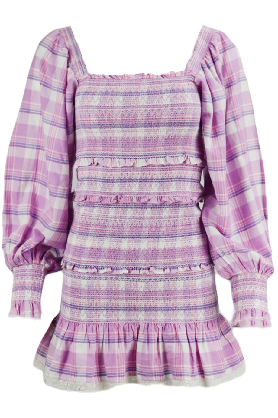 LOVESHACKFANCY SMOCKED CHECKED COTTON MINI DRESS SMALL