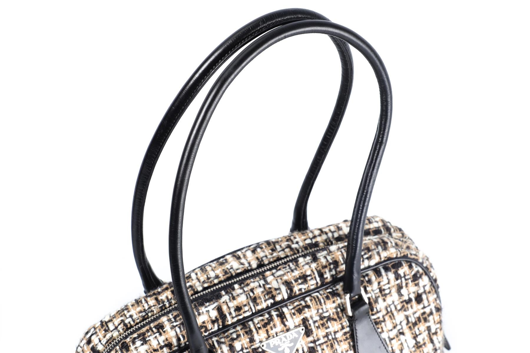 PRADA BLACK TWEED AND LEATHER SHOULDER BAG