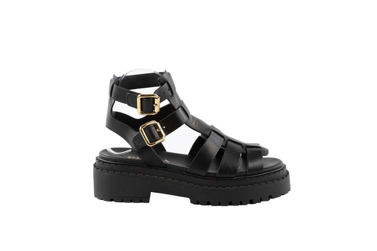 PRADA BLACK LEATHER PLATFORM SANDALS EU 38 UK 5 US 8