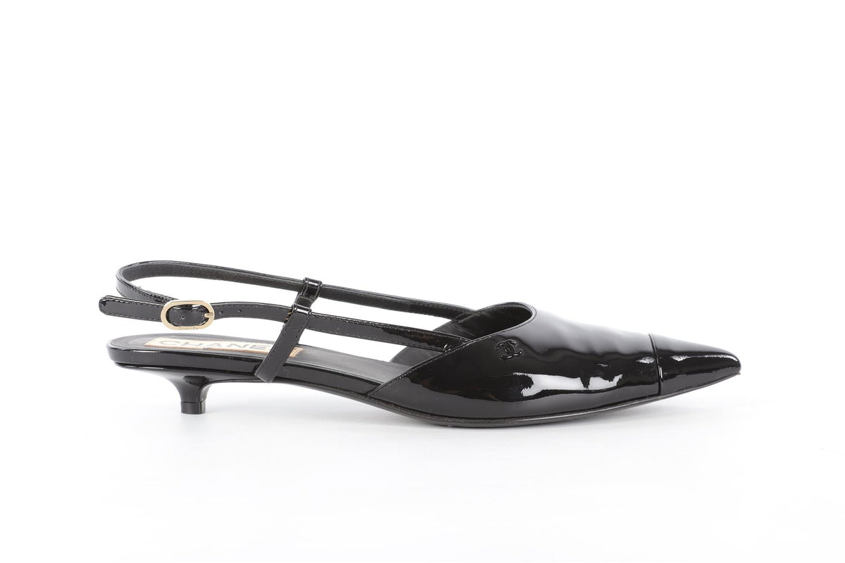 CHANEL BLACK 2022 PATENT LEATHER SLINGBACK PUMPS EU 38.5 UK 5.5 US 8.5