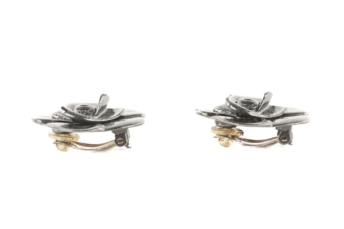 CHANEL GREEN 2001 CAMELIA CLIP EARRINGS