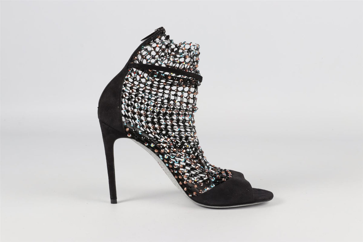 RENE CAOVILLA BLACK GALAXIA CRYSTAL AND SUEDE SANDALS EU 38.5 UK 5.5 US 8.5
