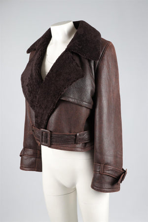 NOUR HAMMOUR BROWN SHEARLING AND LEATHER JACKET FR 38 UK 10