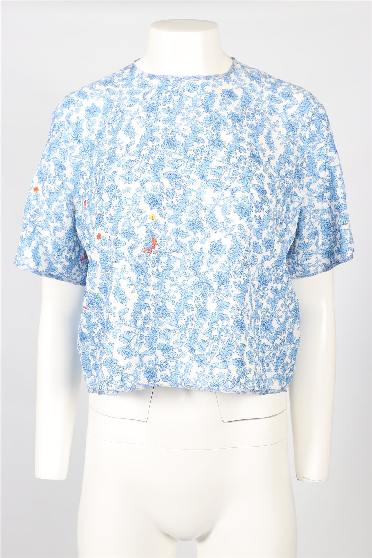 PREEN BY THORNTON BREGAZZI BLUE AND WHITE PRINTED SILK BLEND TOP SMALL