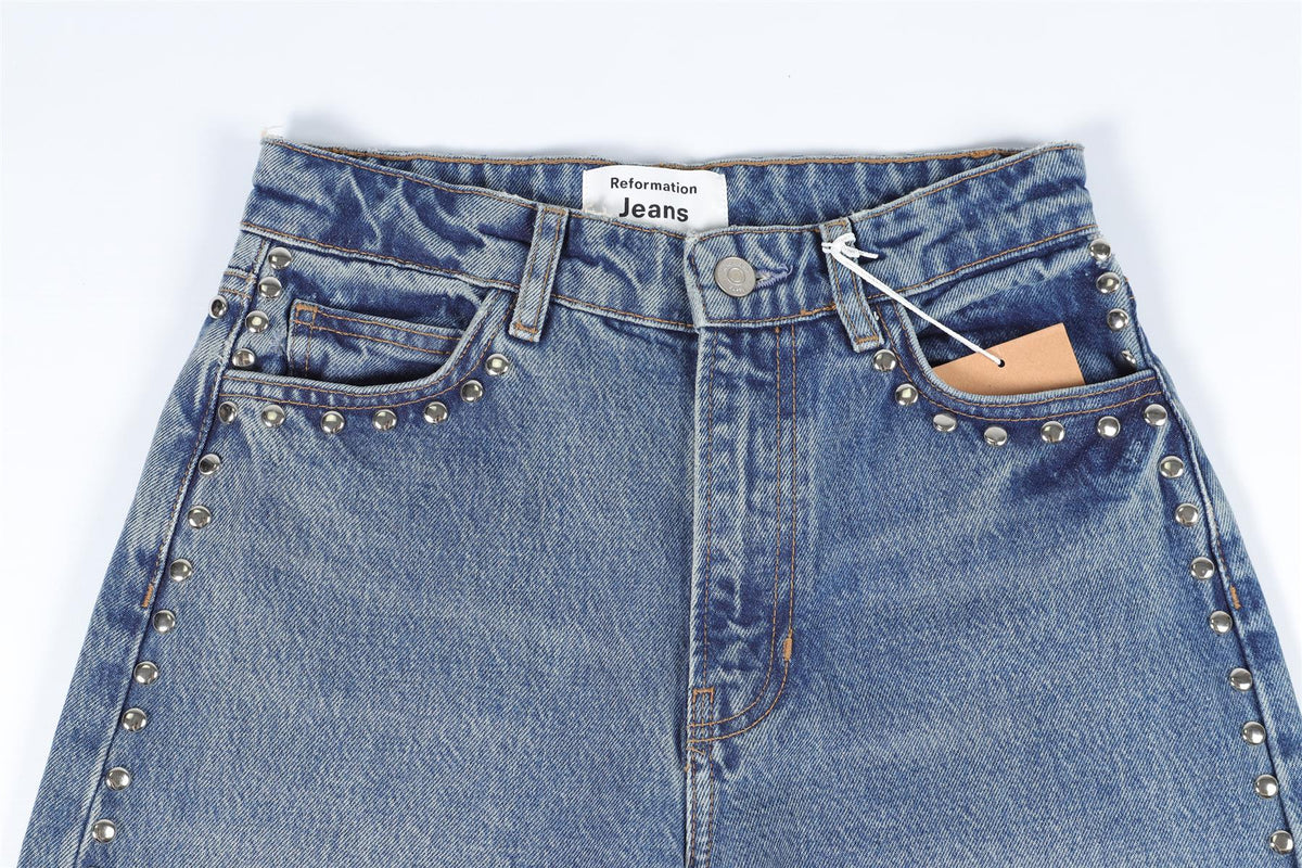 REFORMATION BLUE HIGH RISE WIDE LEG JEANS W24 UK 6