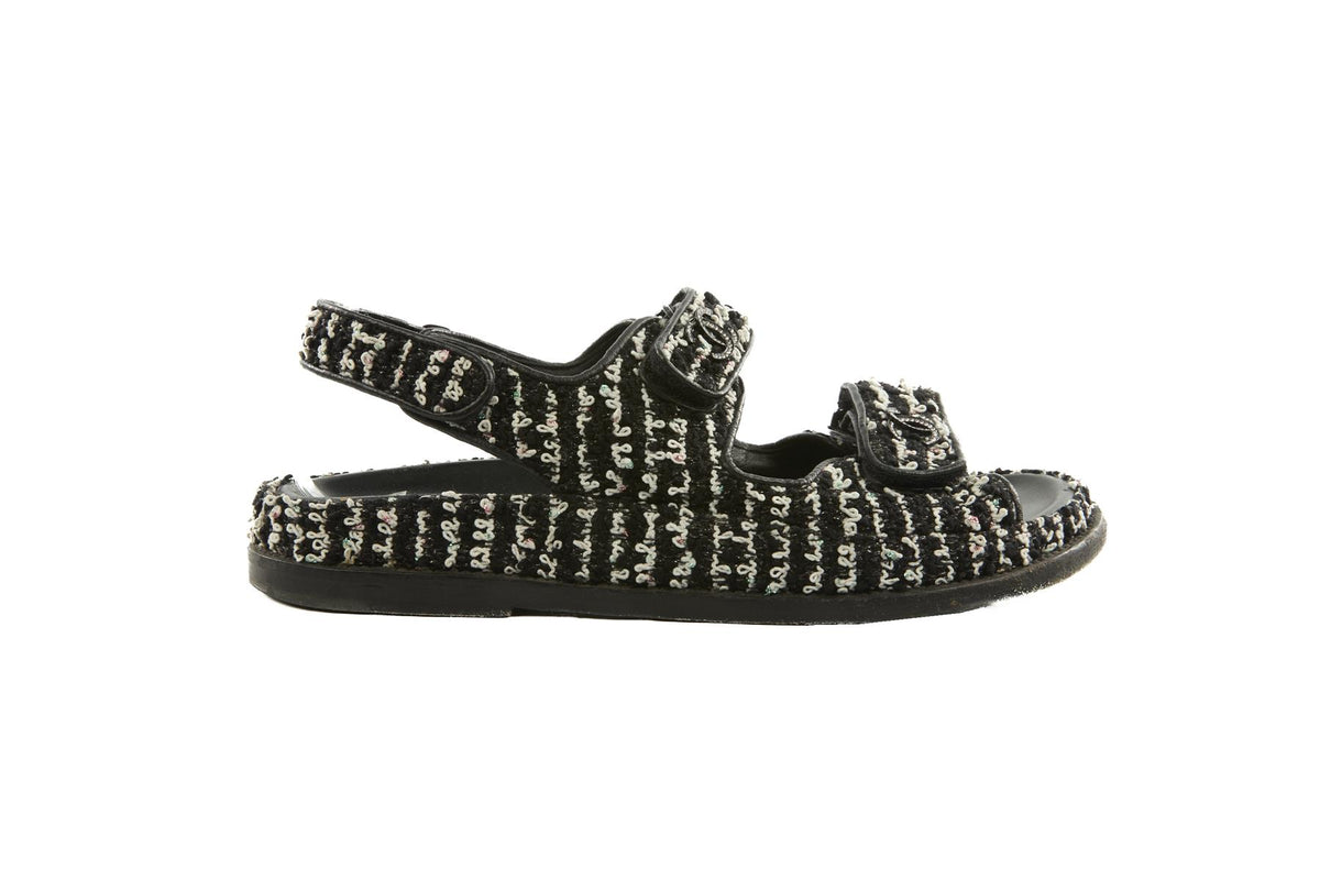 CHANEL BLACK 2022 DAD TWEED SANDALS EU 38.5 UK 5.5 US 8.5