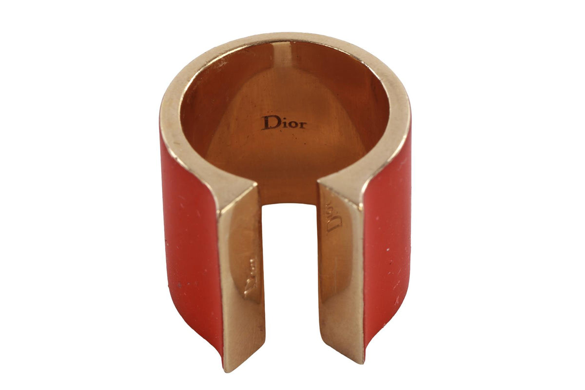 CHRISTIAN DIOR RED LACQUER AND GOLD TONE RING MEDIUM