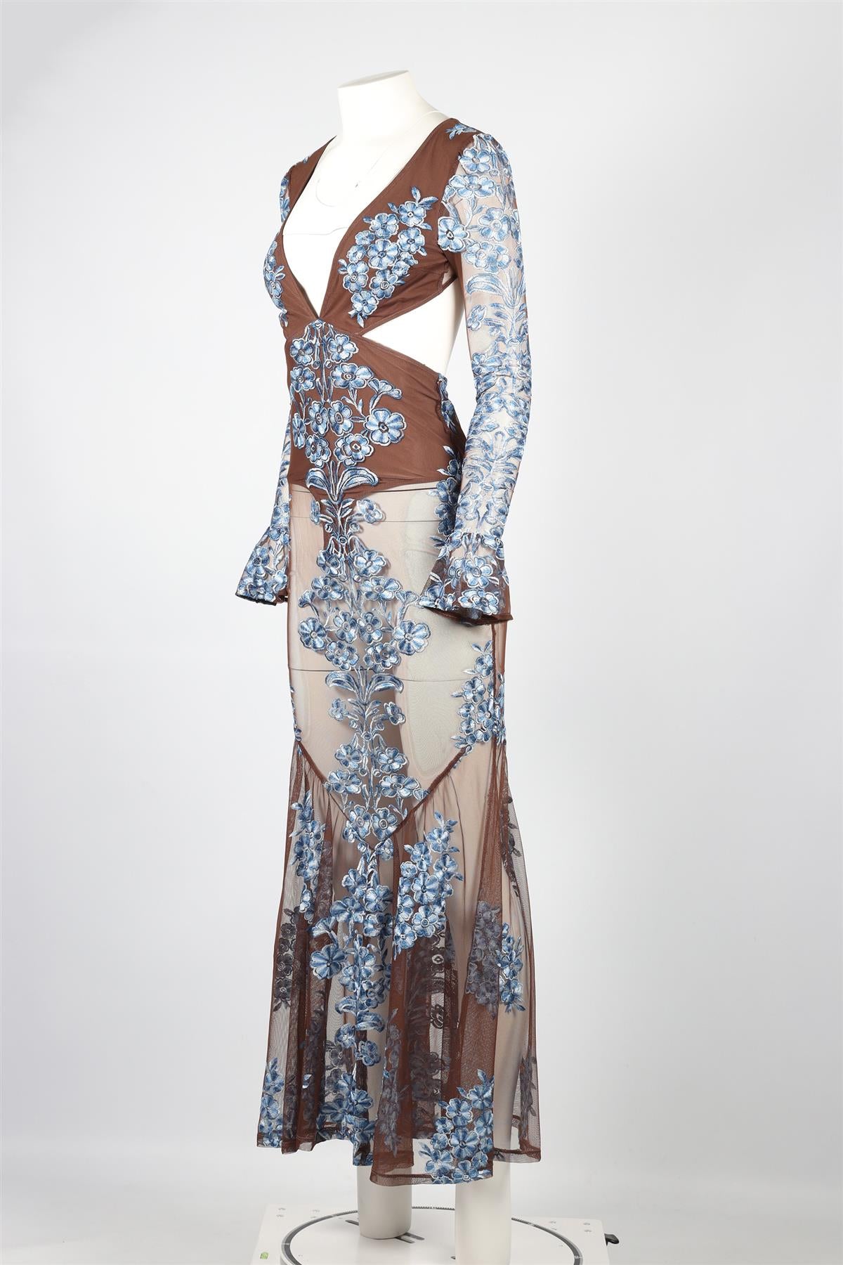 FOR LOVE & LEMONS BROWN AND BLUE MESH MAXI DRESS XSMALL