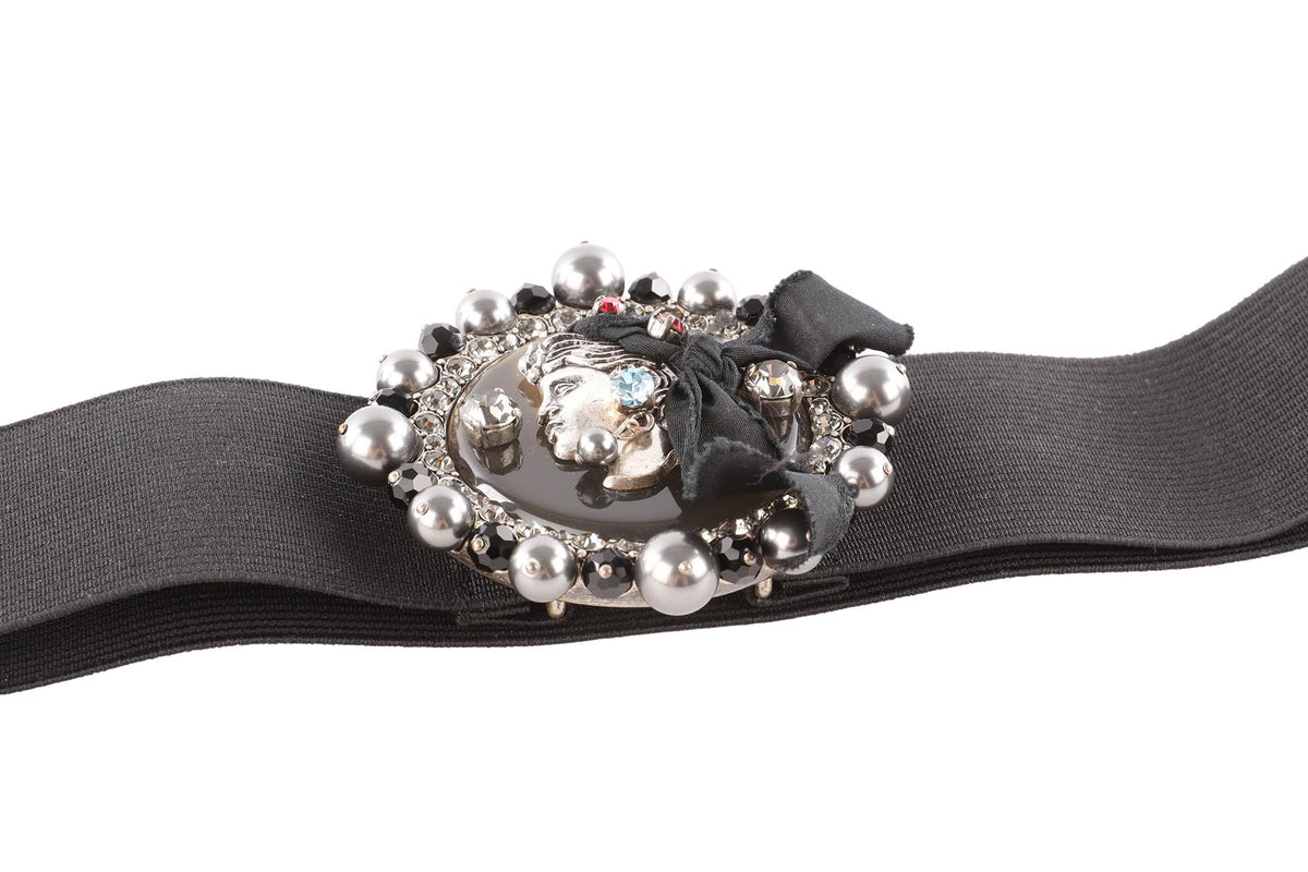 LANVIN BLACK CRYSTAL AND FABRIC WAIST BELT MEDIUM