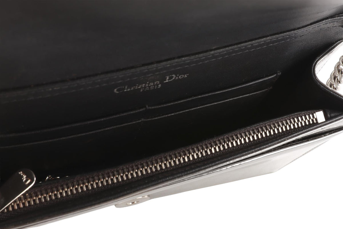 CHRISTIAN DIOR SILVER DIORAMA WALLET ON CHAIN MICROCANNAGE LEATHER CROSSBODY BAG