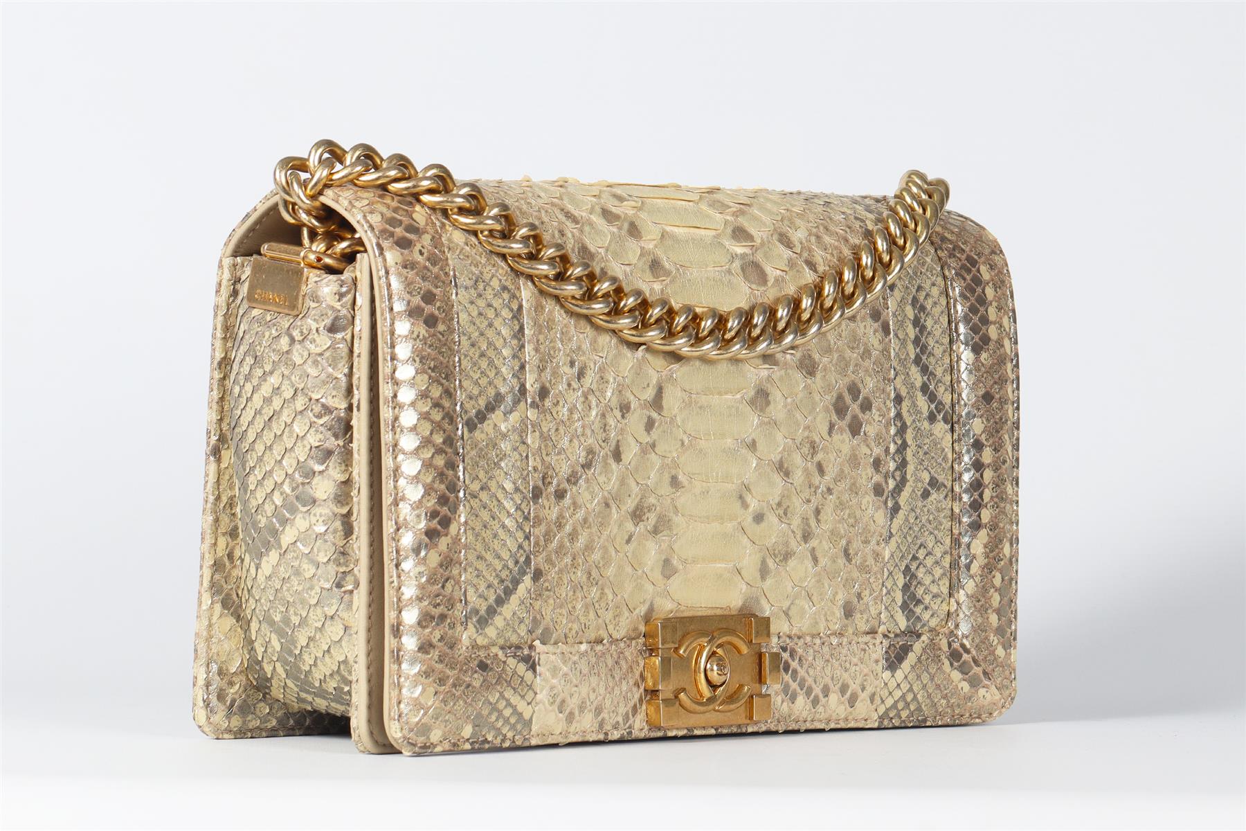 CHANEL GOLD 2014 BOY MEDIUM PYTHON AND LEATHER SHOULDER BAG