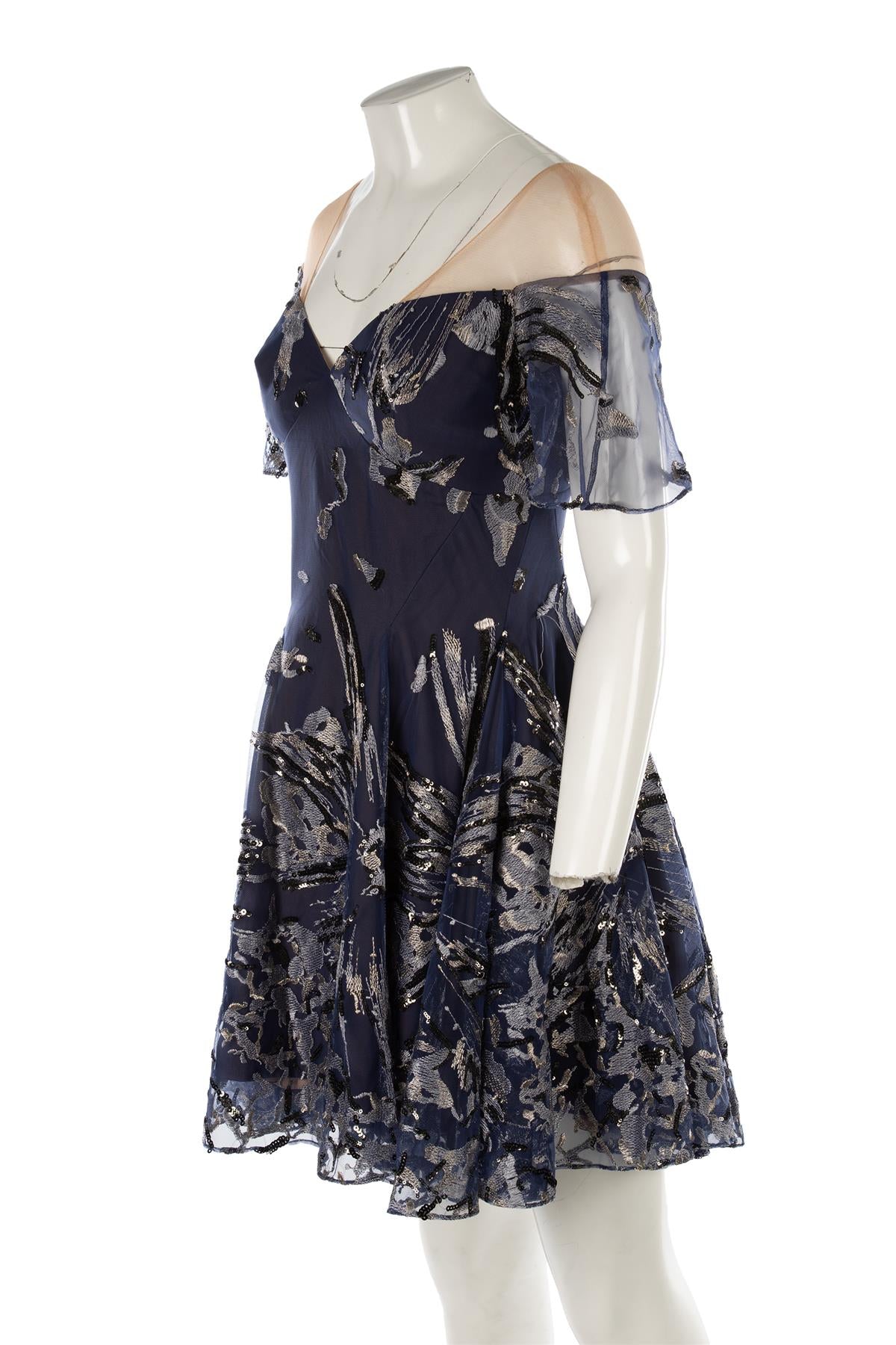 MARCHESA NOTTE NAVY TULLE MINI DRESS US 4 UK 8