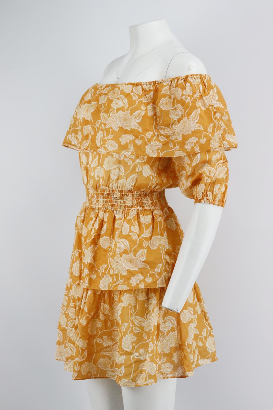 MIGUELINA OFF THE SHOULDER SHIRRED FLORAL PRINT COTTON MINI DRESS SMALL