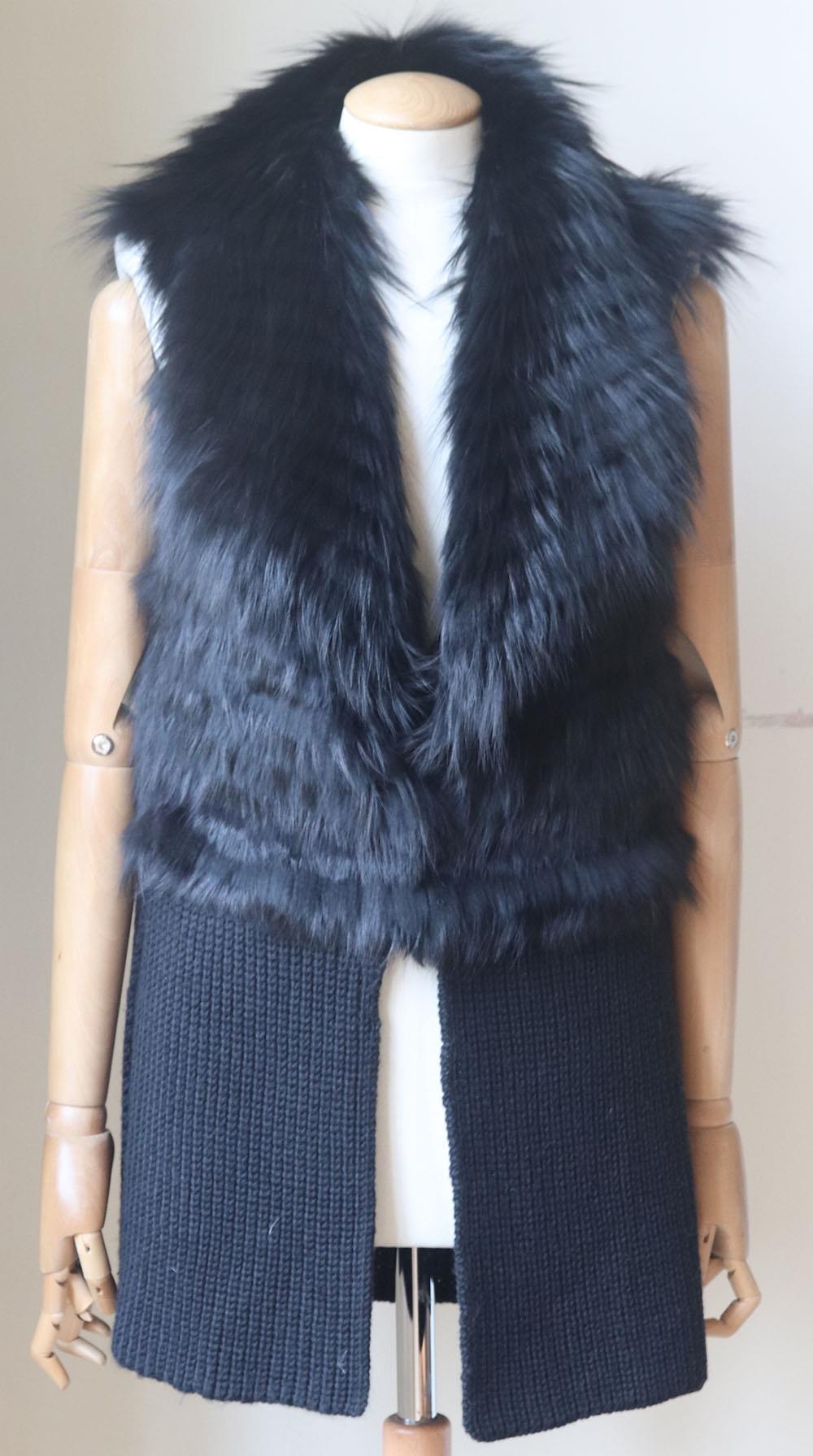 RAMY BROOK FOX FUR TRIMMED RIBBED WOOL BLEND GILET MEDIUM