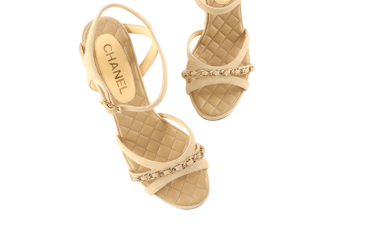 CHANEL BEIGE 2021 SUEDE WEDGE SANDALS EU 39 UK 6 US 9