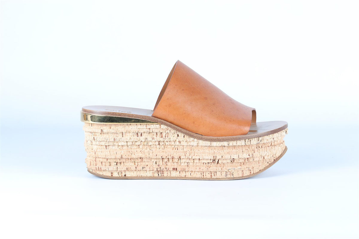 CHLOÉ BROWN LEATHER WEDGE MULES EU 38.5 UK 5.5 US 8.5