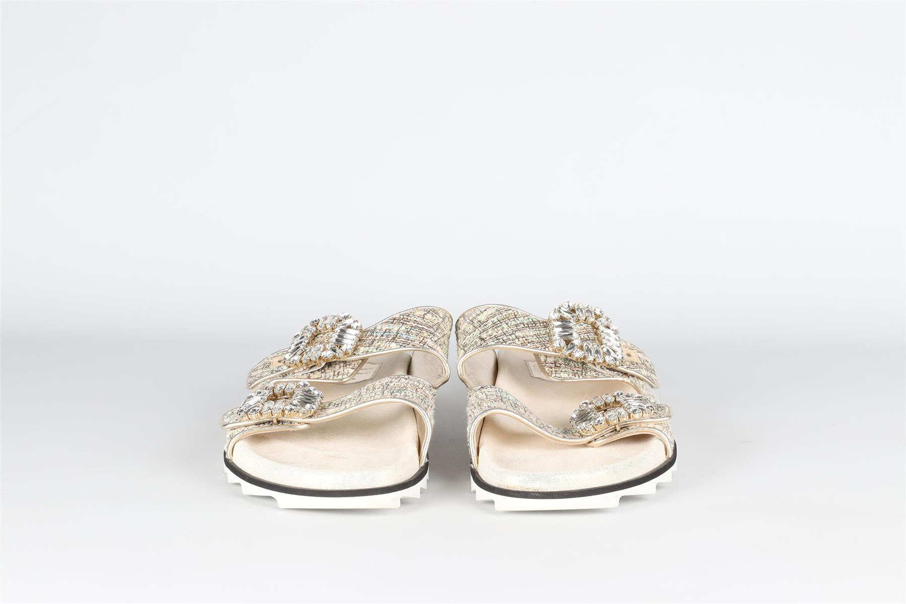 ROGER VIVIER GOLD CRYSTAL AND TWEED SANDALS EU 40 UK 7 US 10