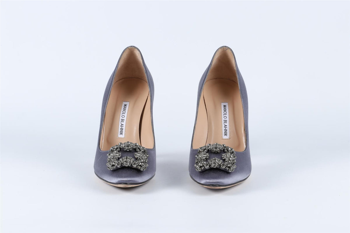 MANOLO BLAHNIK GREY HANGISI CRYSTAL AND SATIN PUMPS EU 38 UK 5 US 8