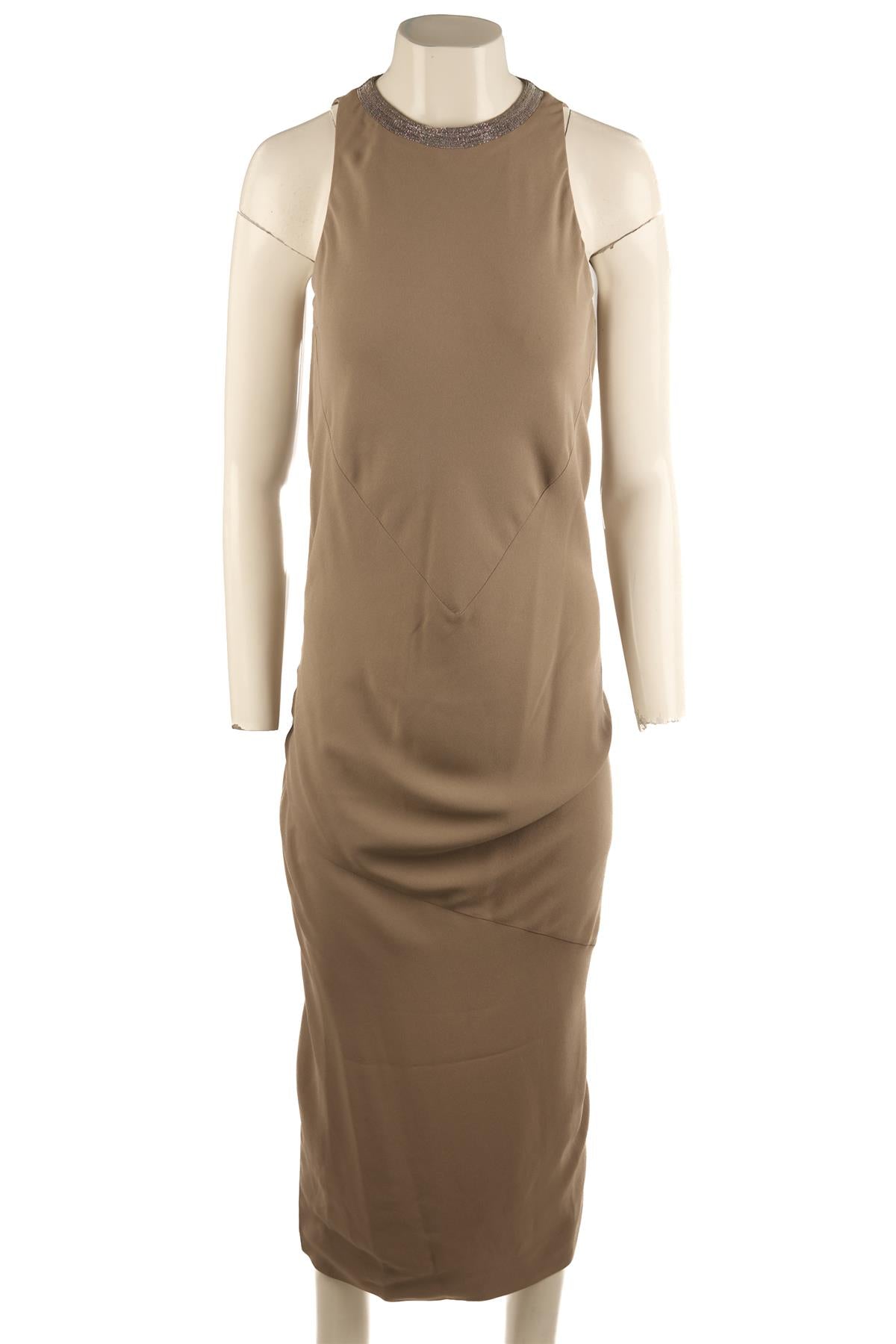 BRUNELLO CUCINELLI TAUPE SILK MAXI DRESS SMALL
