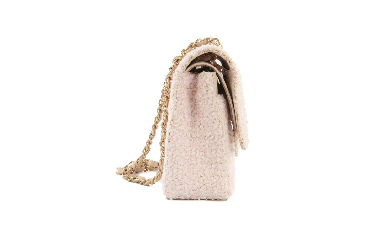 CHANEL PINK 2003-2004 CLASSIC DOUBLE FLAP MEDIUM TWEED SHOULDER BAG