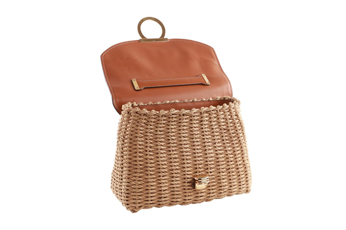 SALVATORE FERRAGAMO TAN MARGOT WICKER TOTE BAG