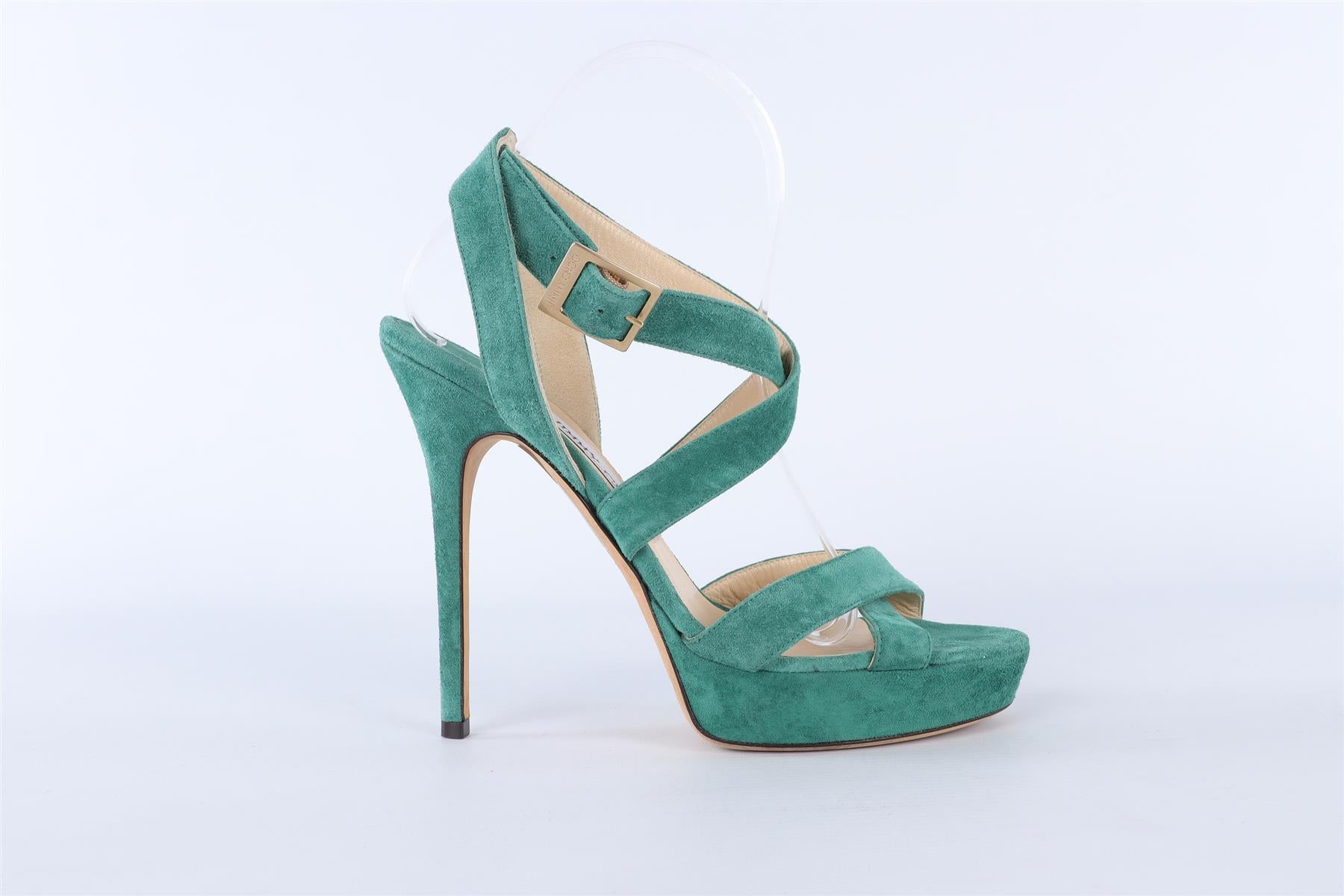 JIMMY CHOO GREEN SUEDE PLATFORM SANDALS EU 38 UK 5