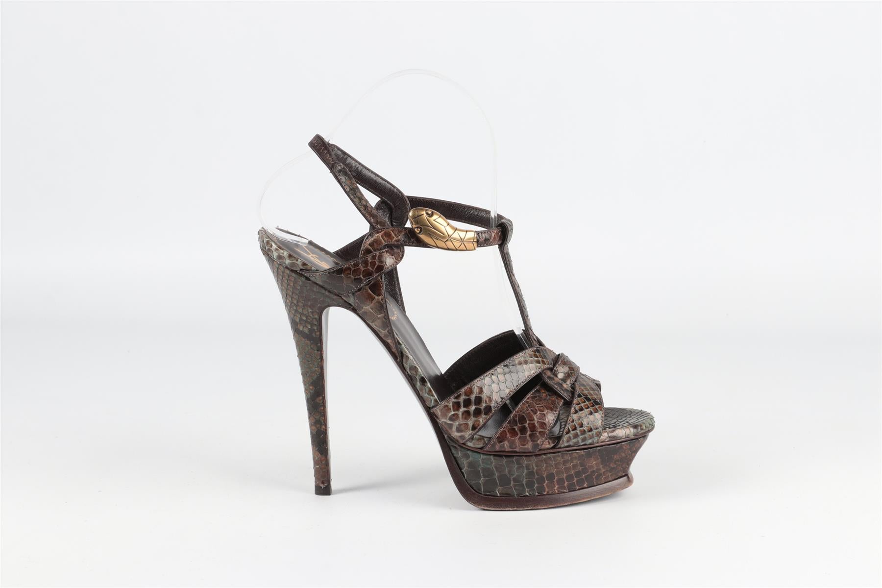 YVES SAINT LAURENT BROWN TRIBUTE SNAKESKIN PLATFORM SANDALS EU 38.5 UK 5.5 US 8.5