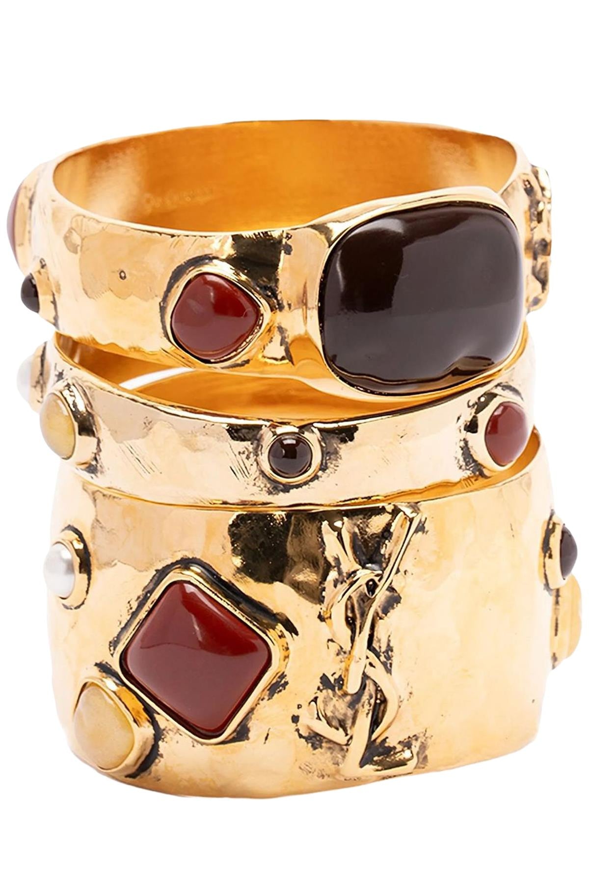 SAINT LAURENT MULTI CASSANDRE CABOCHON GOLD TONE SET OF THREE BANGLES
