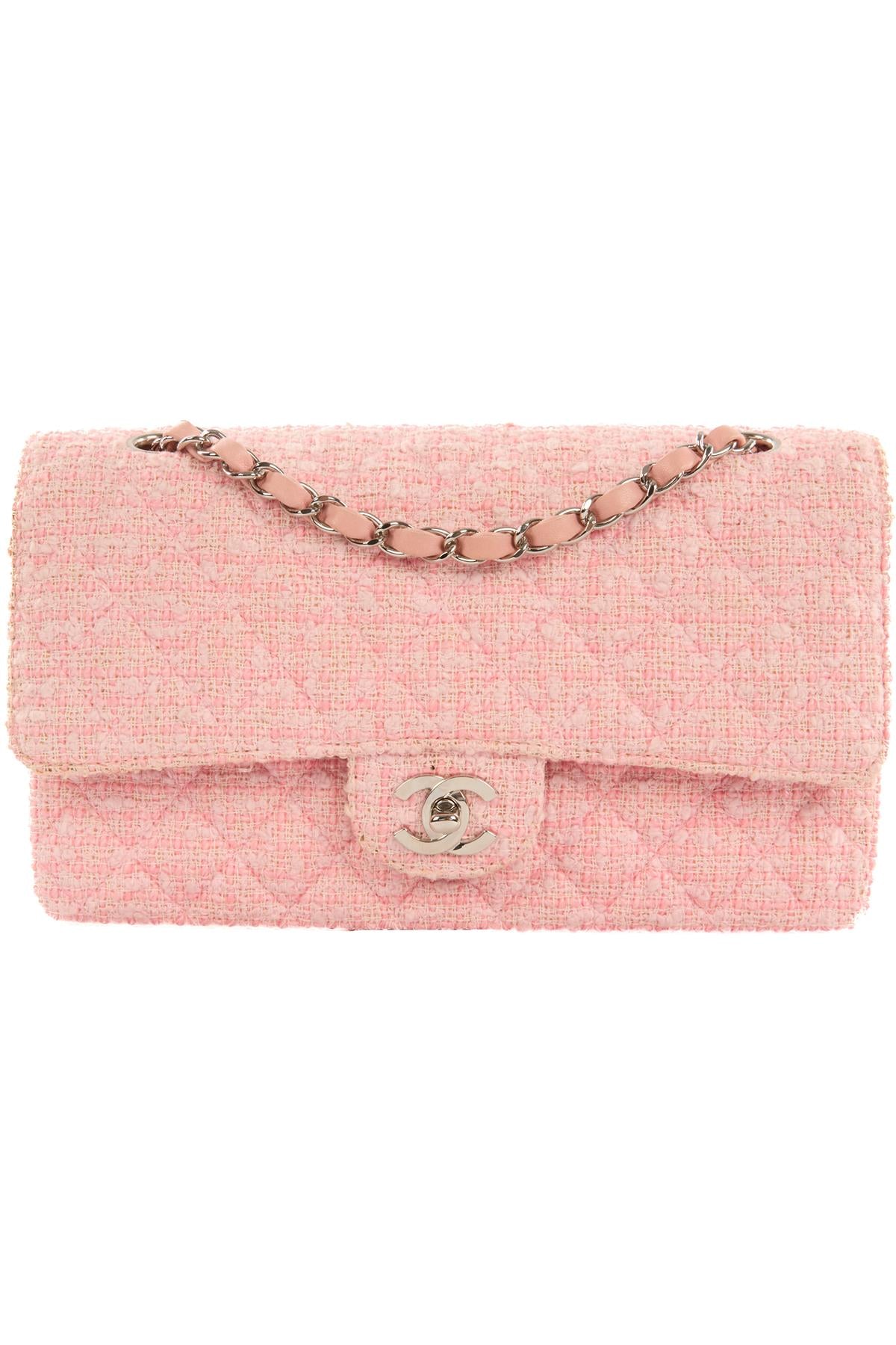 CHANEL PINK 2003-2004 CLASSIC DOUBLE FLAP MEDIUM TWEED SHOULDER BAG