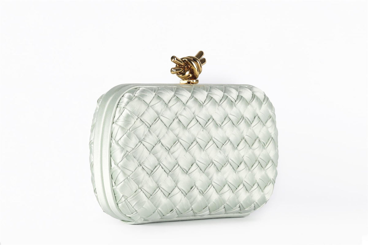 BOTTEGA VENETA GREEN KNOT INTRECCIATO SATIN CLUTCH