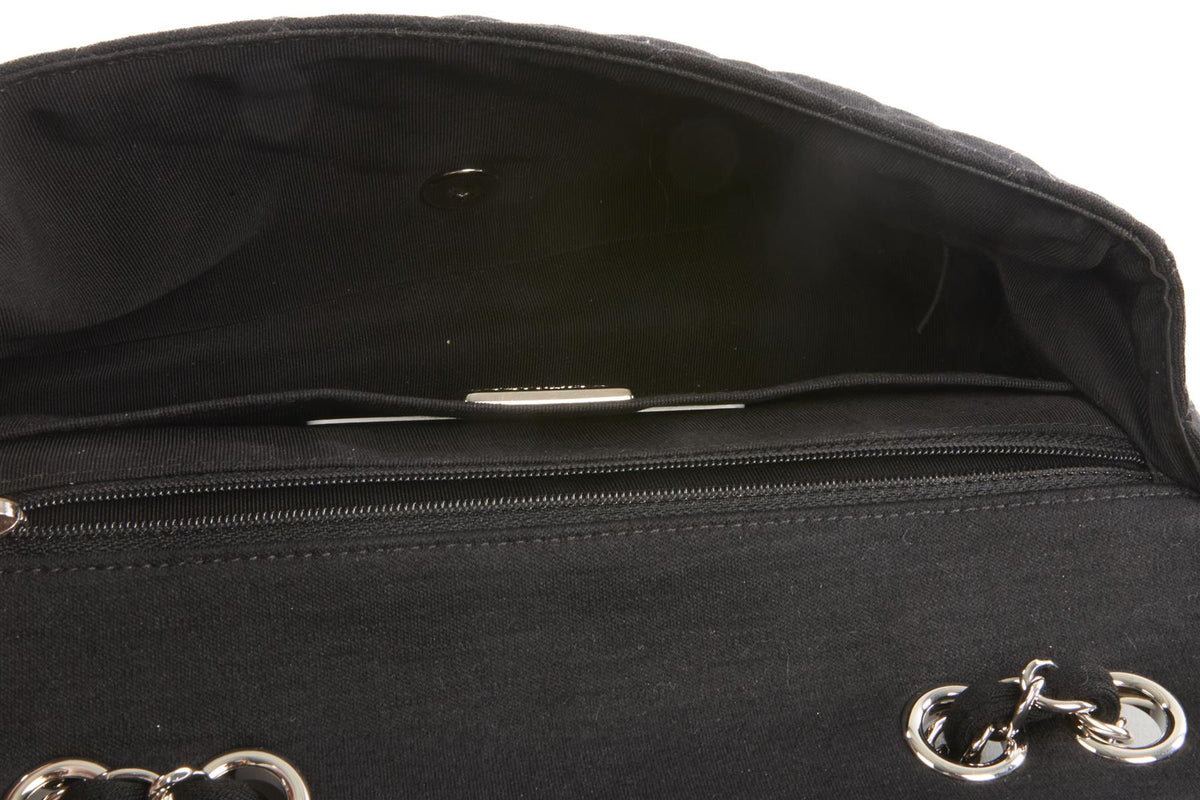 CHANEL BLACK FABRIC FLOWER EMBELLISHED MEDIUM SINGLE FLAP SHOULDER BAG