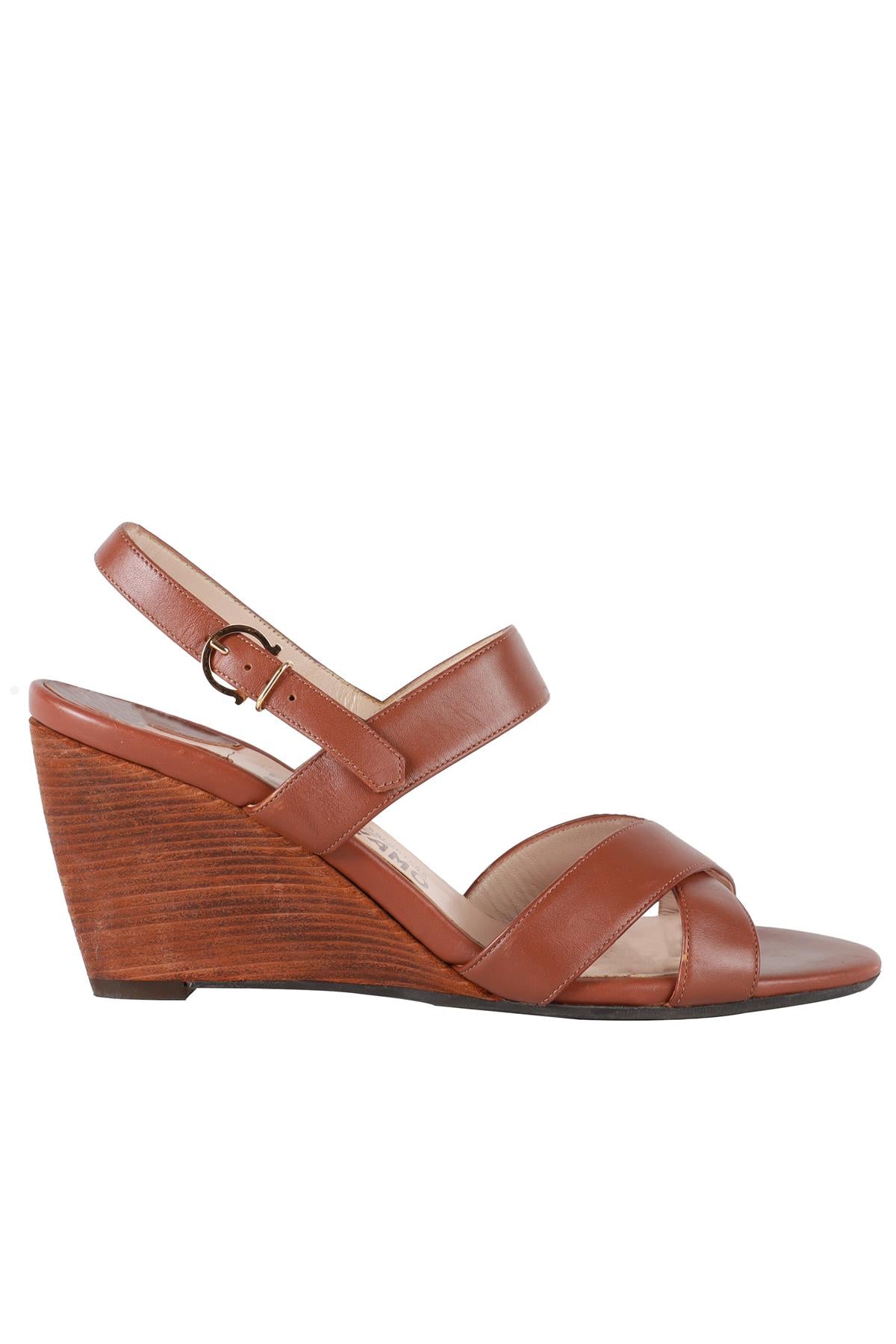 SALVATORE FERRAGAMO BROWN LEATHER WEDGE SANDALS EU 37 UK 4 US 7