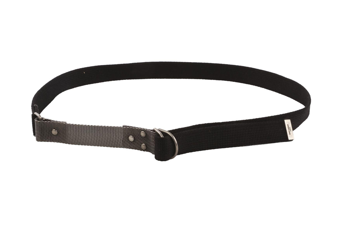 SAINT LAURENT BLACK METAL AND CANVAS BELT