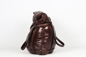 MONCLER BROWN LEATHER AND PADDED DOWN SHELL SHOULDER BAG