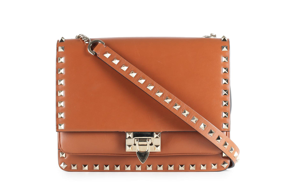VALENTINO GARAVANI BROWN ROCKSTUD LEATHER SHOULDER BAG
